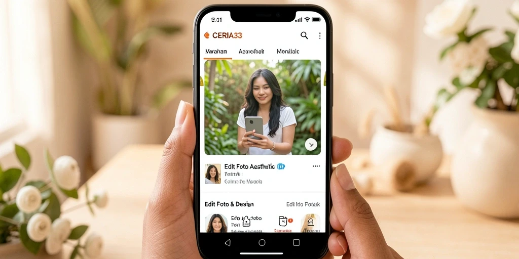 Antarmuka CERIA33 yang menampilkan berbagai fitur editing foto aesthetic.