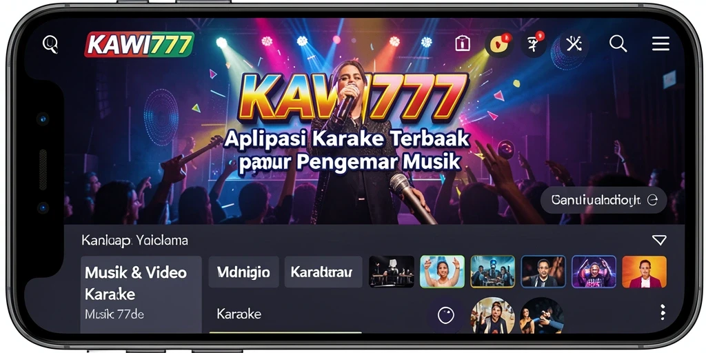 Tampilan antarmuka KAWI777 dengan lirik dan fitur karaoke.
