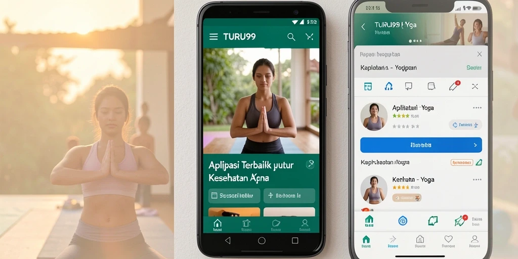 Antarmuka aplikasi TURU99 yang menampilkan berbagai latihan yoga.